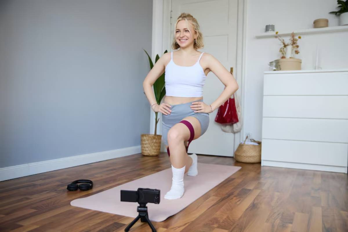A person in athletic attire performs a lunge on a yoga mat, with a camera and weights nearby, set in a bright, modern room.