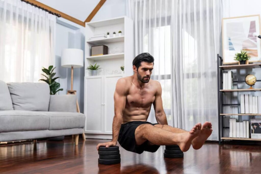 A muscular individual performs a workout on dumbbells in a bright, modern living room with large windows and stylish decor.