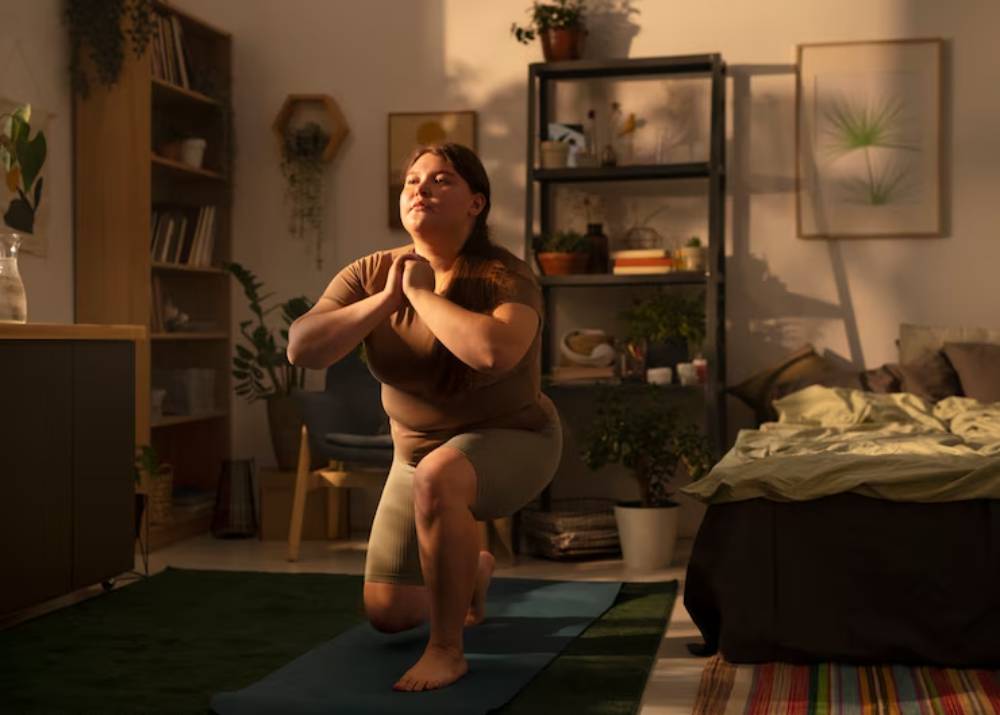 A person performs a lunge on a yoga mat in a cozy, well-decorated room filled with plants and soft lighting.