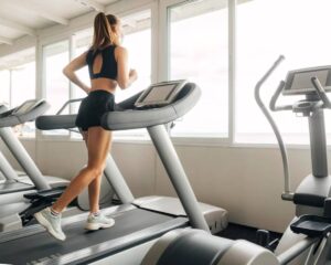 A young woman jogs on a treadmill in a bright gym, wearing a black sports top and shorts, with large windows offering a view outside.