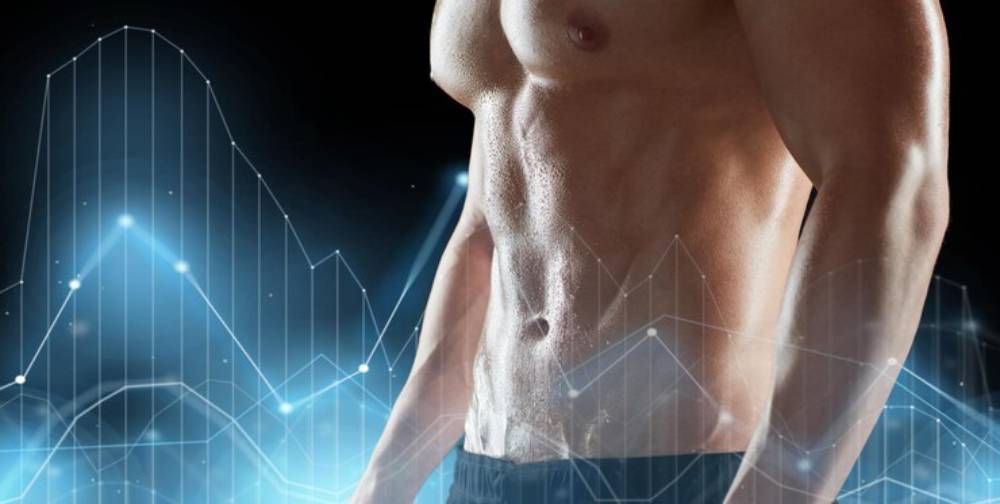 Muscular man in profile with defined abs against a dark background featuring abstract data visualization graphics.