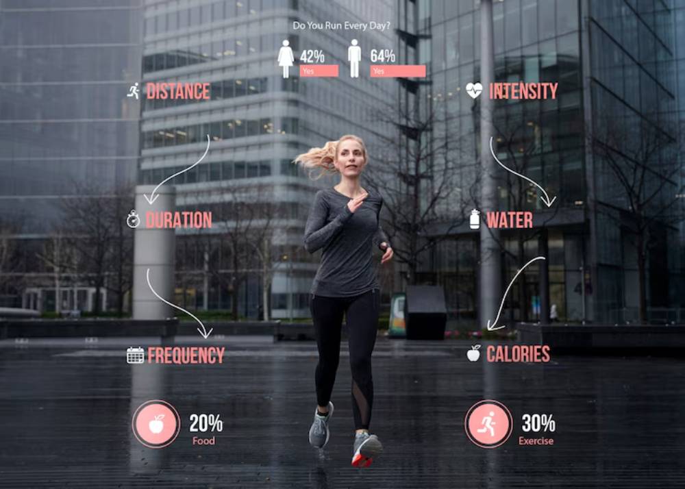 A person runs outdoors in an urban setting, with various health statistics and icons related to running displayed beside them.