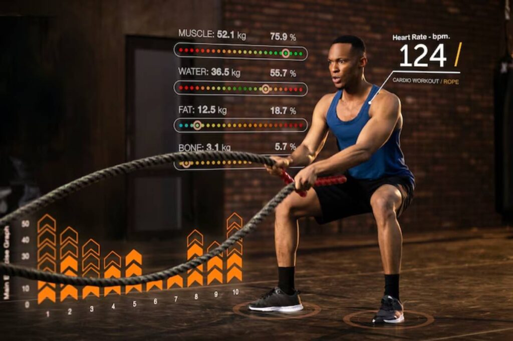 A man performs workout with a rope, displaying fitness metrics: muscle, water, fat, and bone mass alongside heart rate.