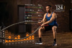 A man performs workout with a rope, displaying fitness metrics: muscle, water, fat, and bone mass alongside heart rate.