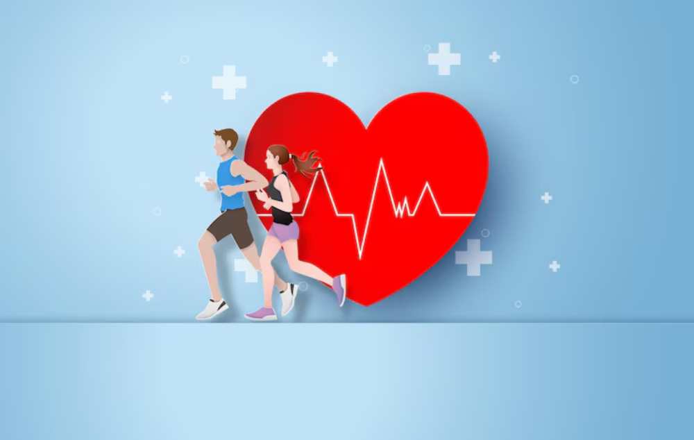 A man and woman run towards a large red heart with a heartbeat line, symbolizing fitness and heart health on a light blue background.